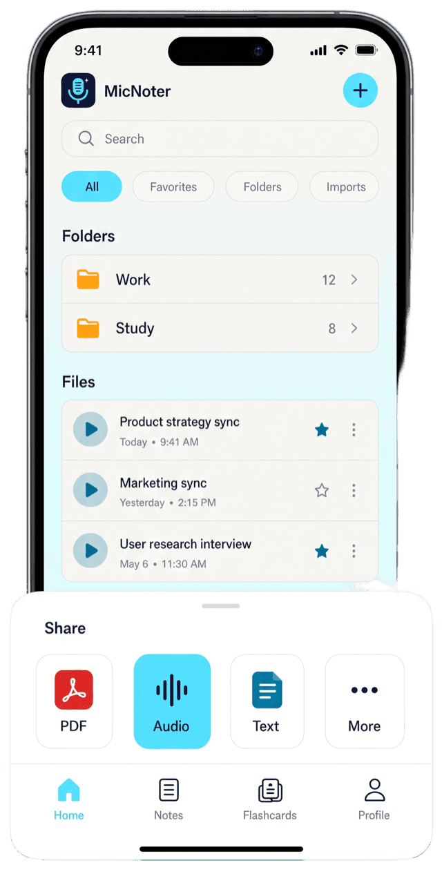 The MicNoter library with folders, recent notes and export options