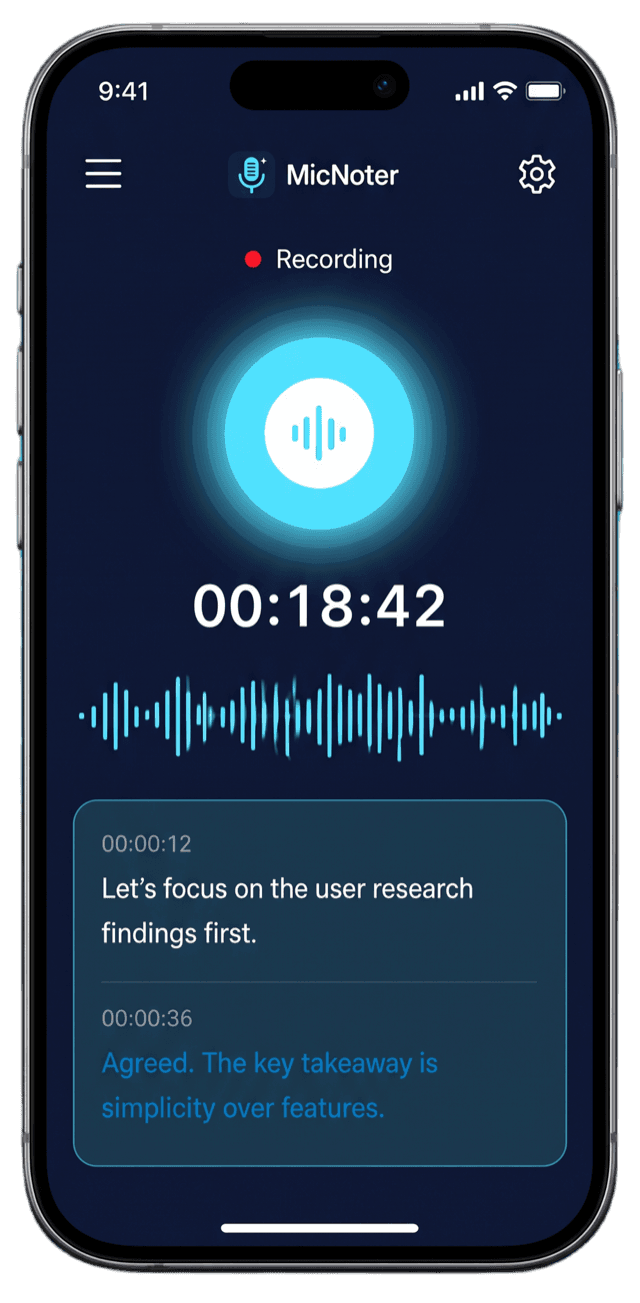 MicNoter recording a conversation, with a live transcript under the timer